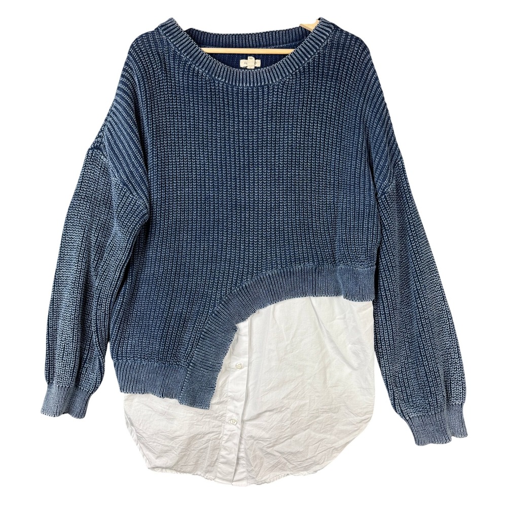 Pilcro Anthropologie Asymmetrical Twofer Sweater Blue White Layered XL OB1960171